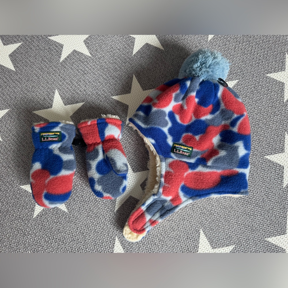 L.L. Bean Red and Blue Fleece Kids Hat and Mittens